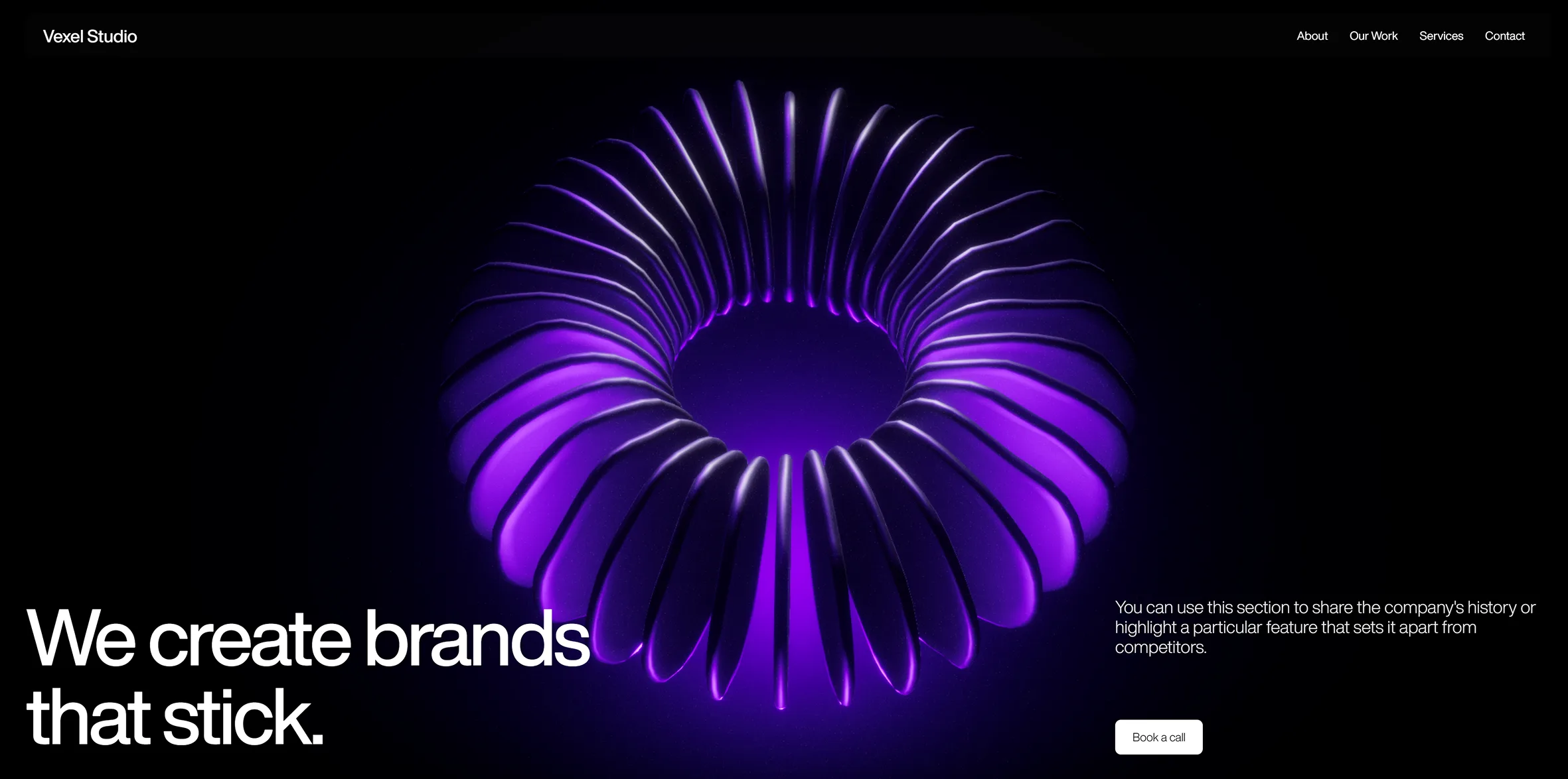 Purple ribbed torus above a dark creative-studio landing page