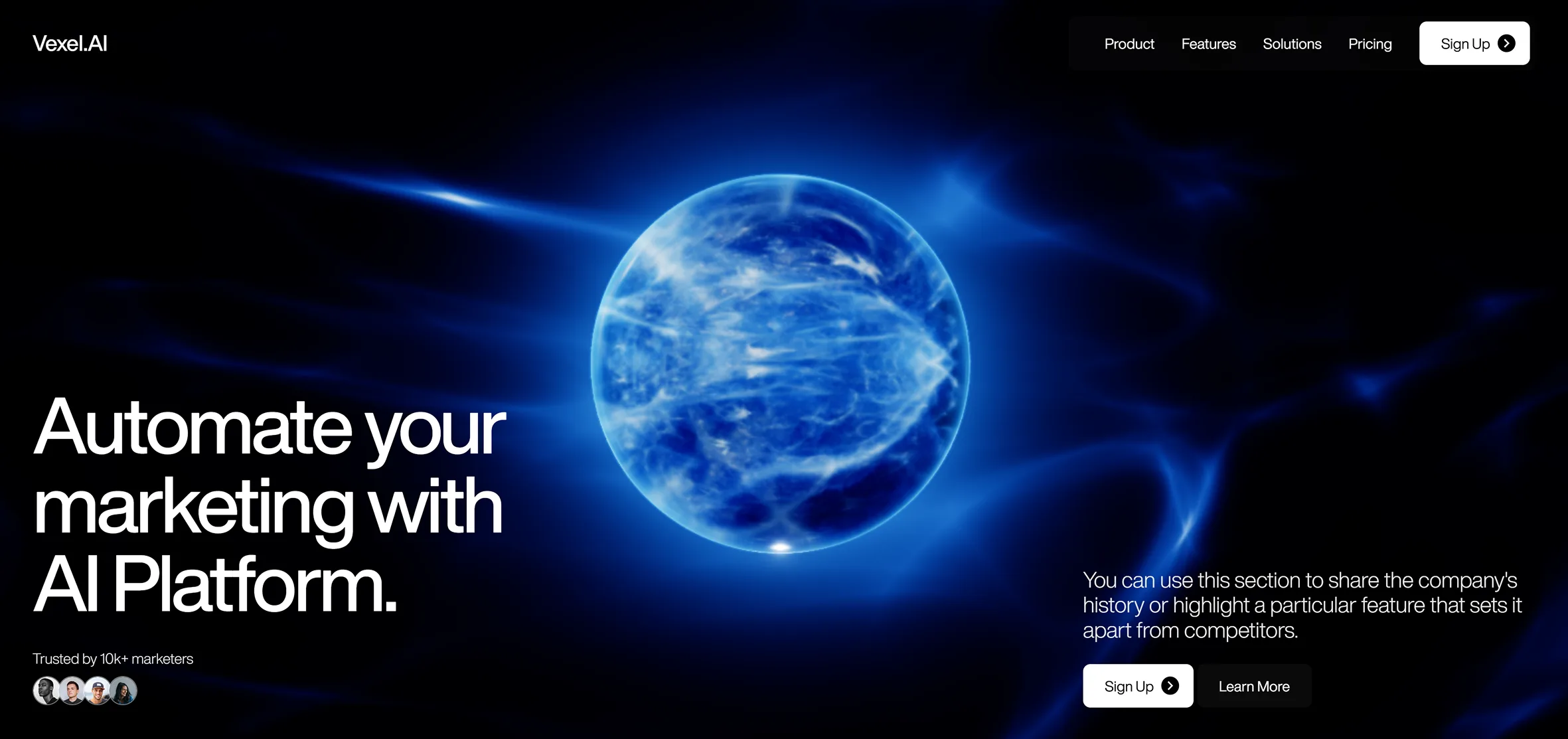 Glowing blue globe in a dark AI marketing-platform landing page