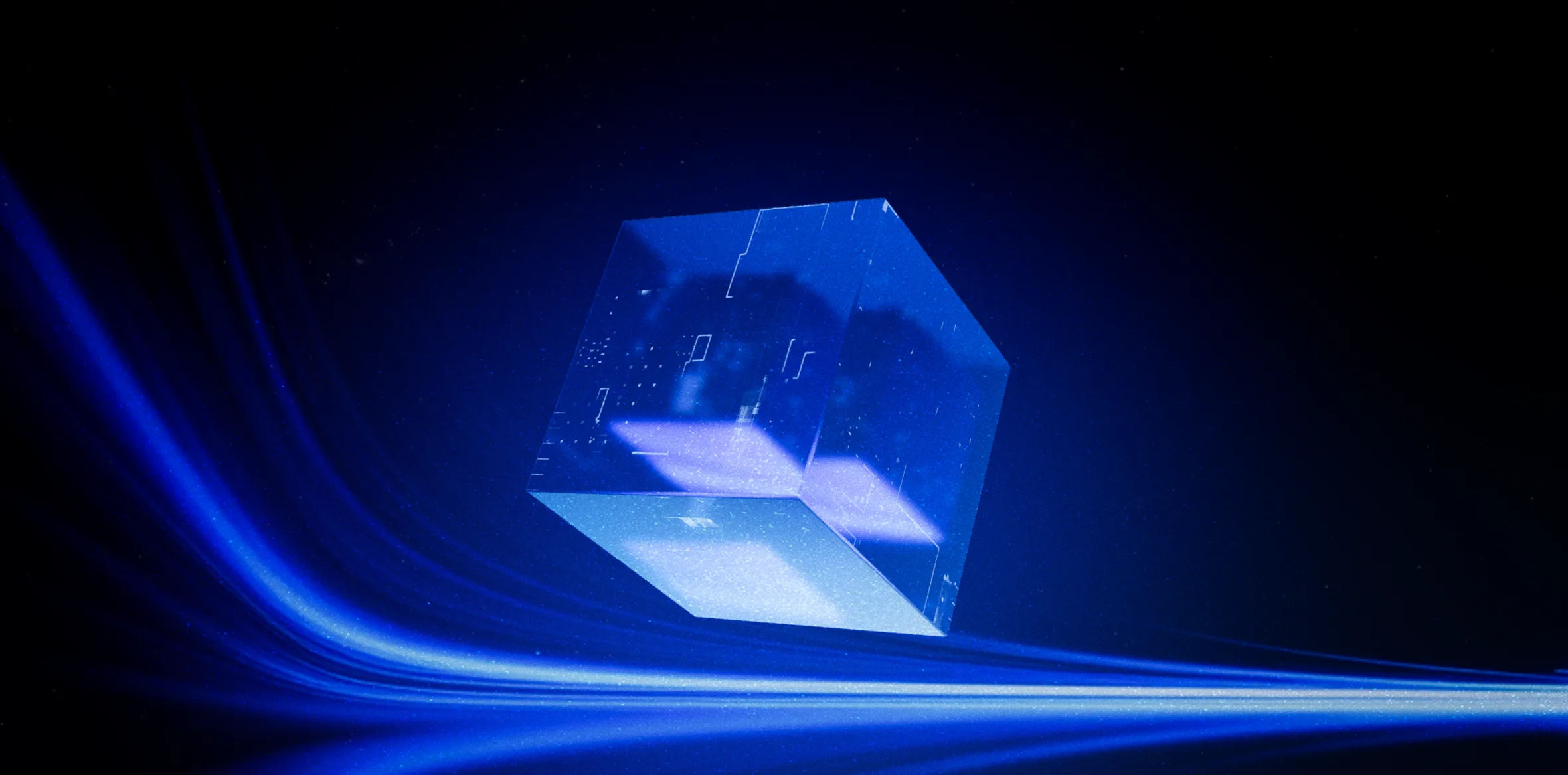 Transparent blue cube floating above streams of electric-blue light