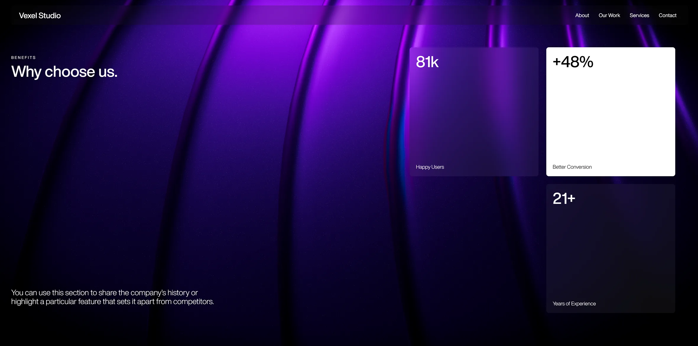 Purple abstract background supporting a studio benefits and metrics layout