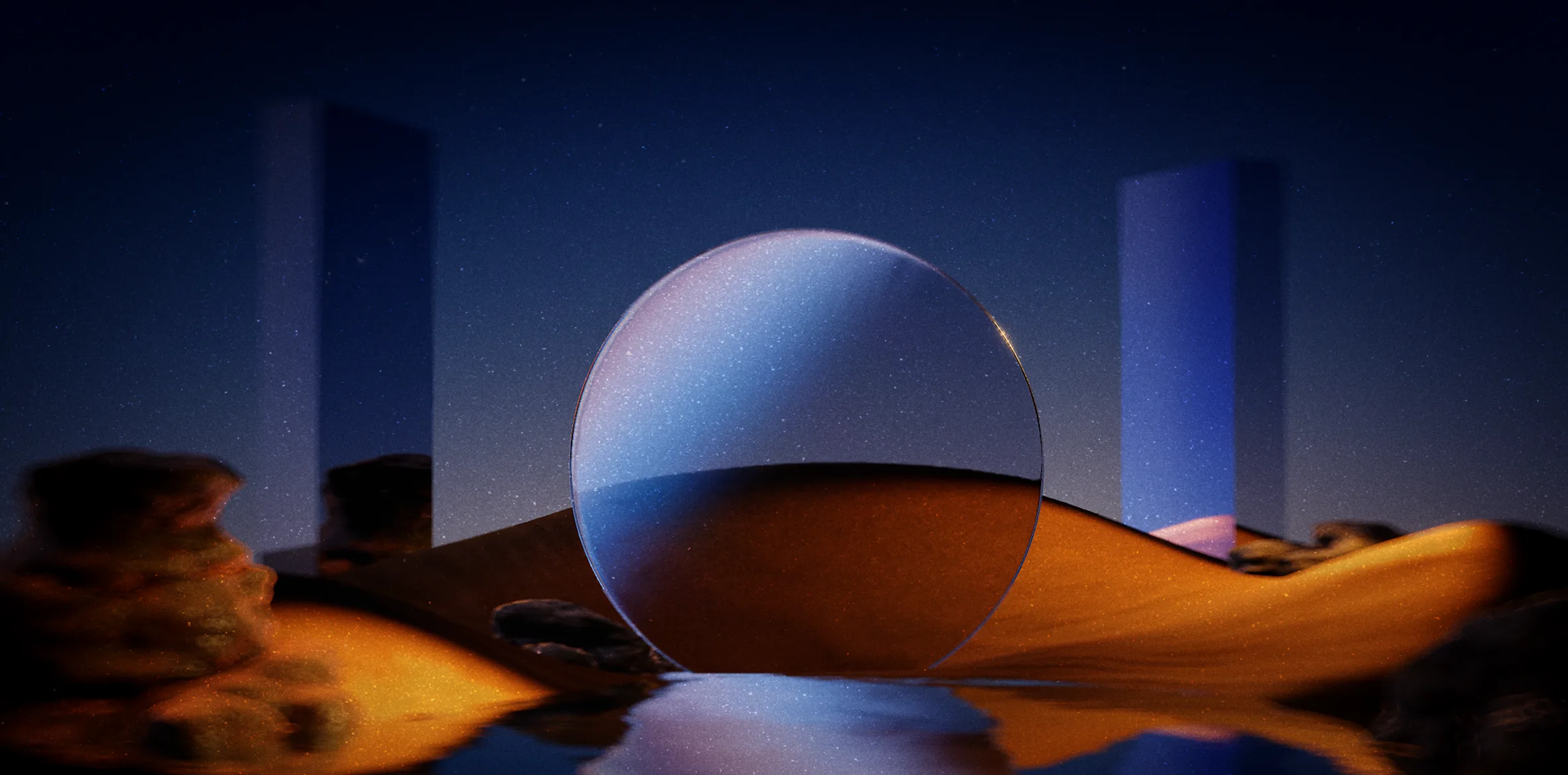 Reflective sphere resting in an orange desert scene beneath blue light