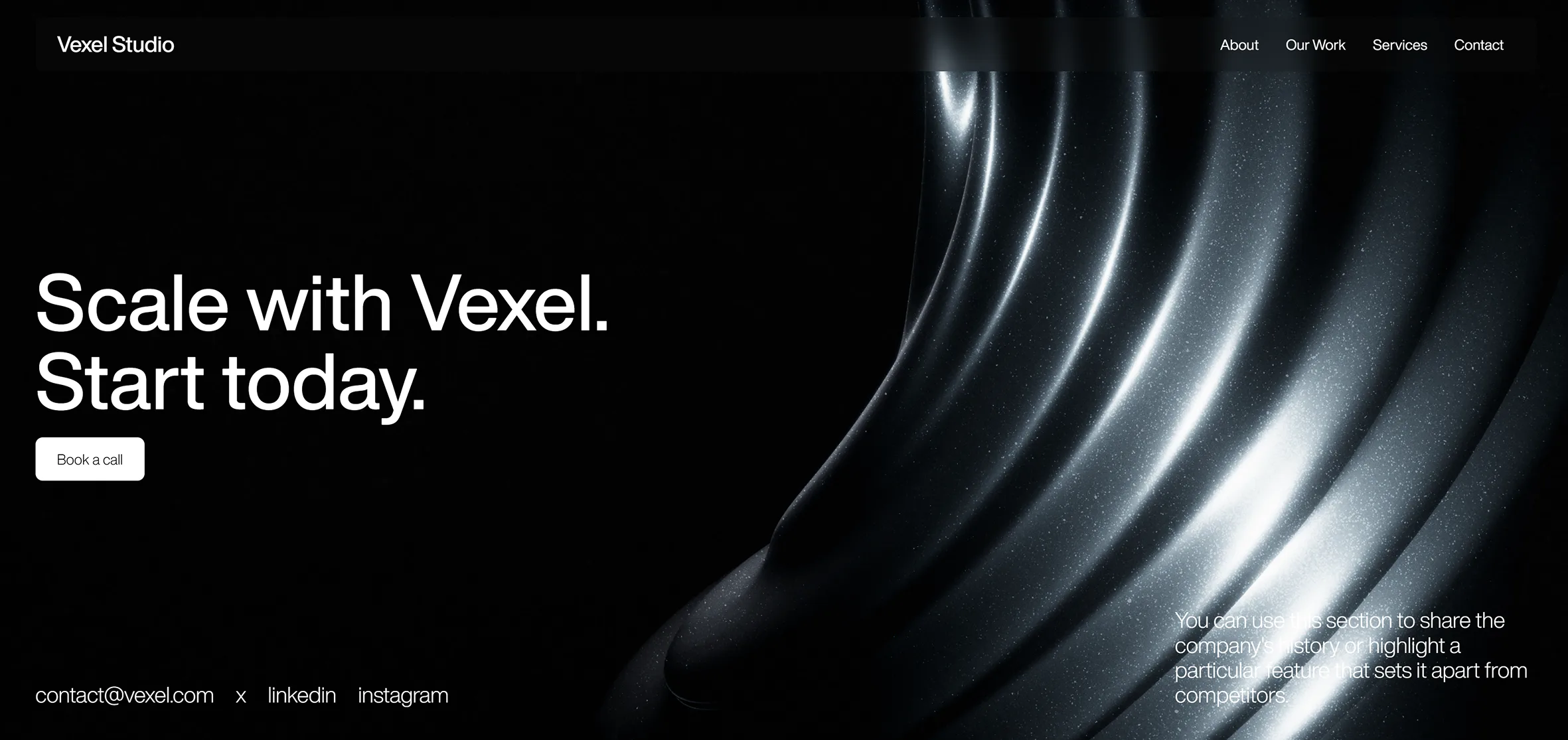 Silver folded 3D form beside a dark Vexel studio call-to-action
