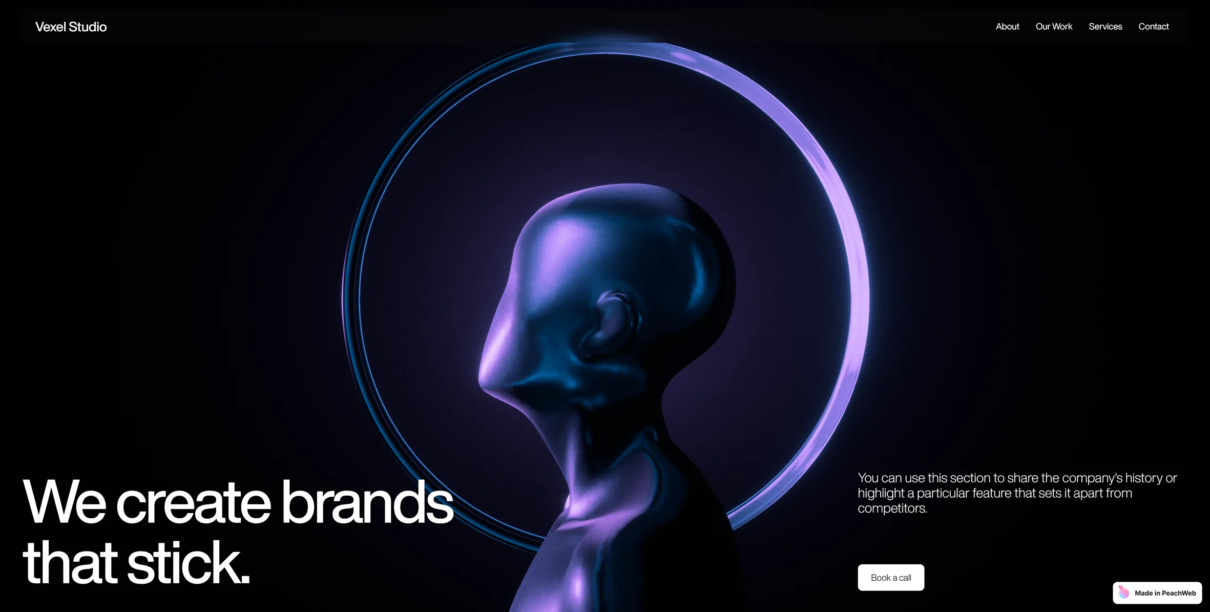 Blue and violet sculptural bust framed by a luminous circular ring