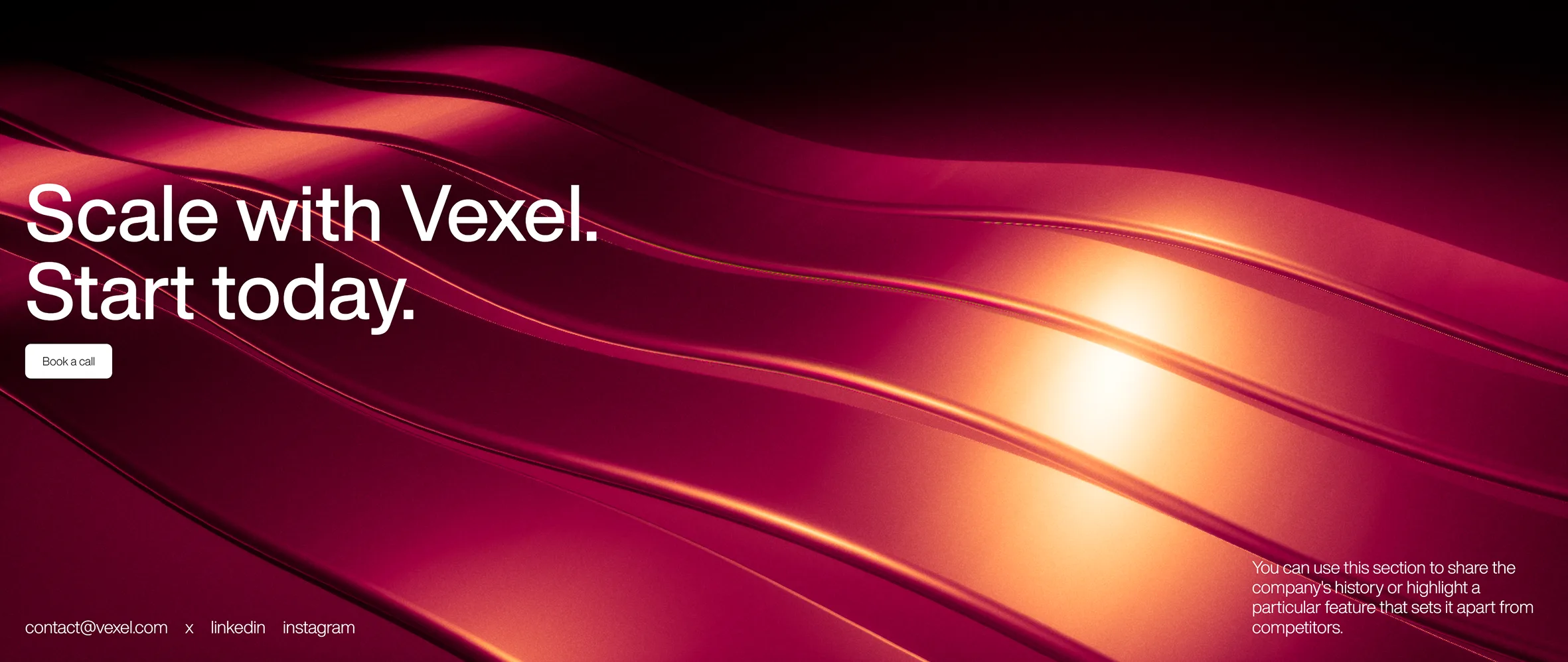 Magenta and orange flowing surface behind a Vexel studio call-to-action