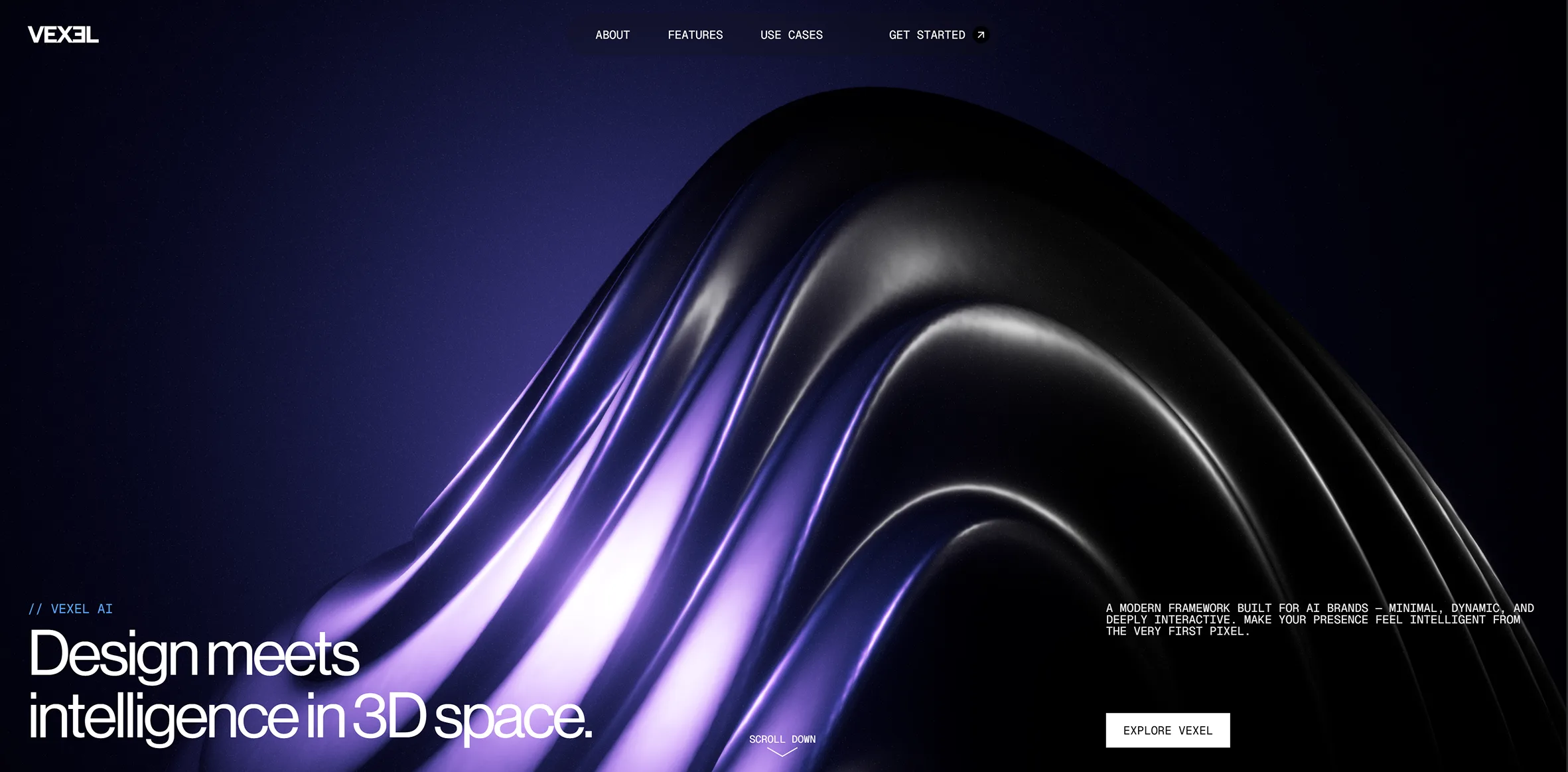 Glossy black and violet abstract form filling a Vexel AI landing page