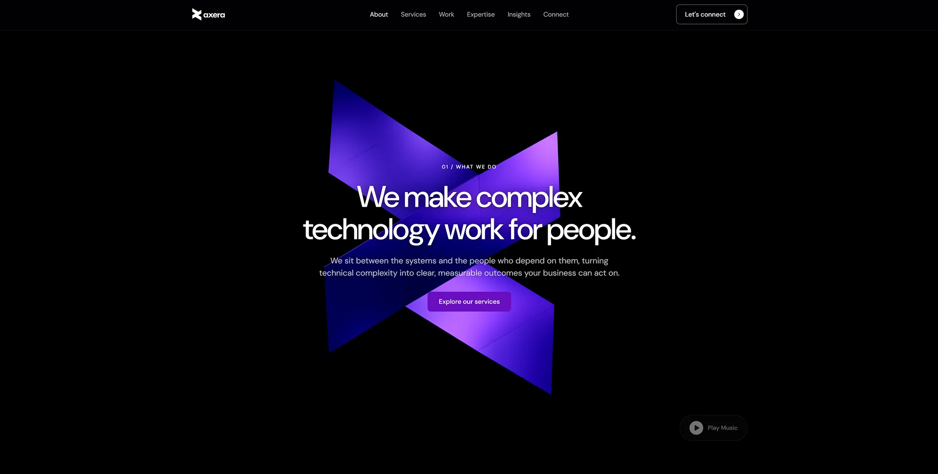 AXERA homepage stating We make complex technology work for people over a luminous purple geometric form