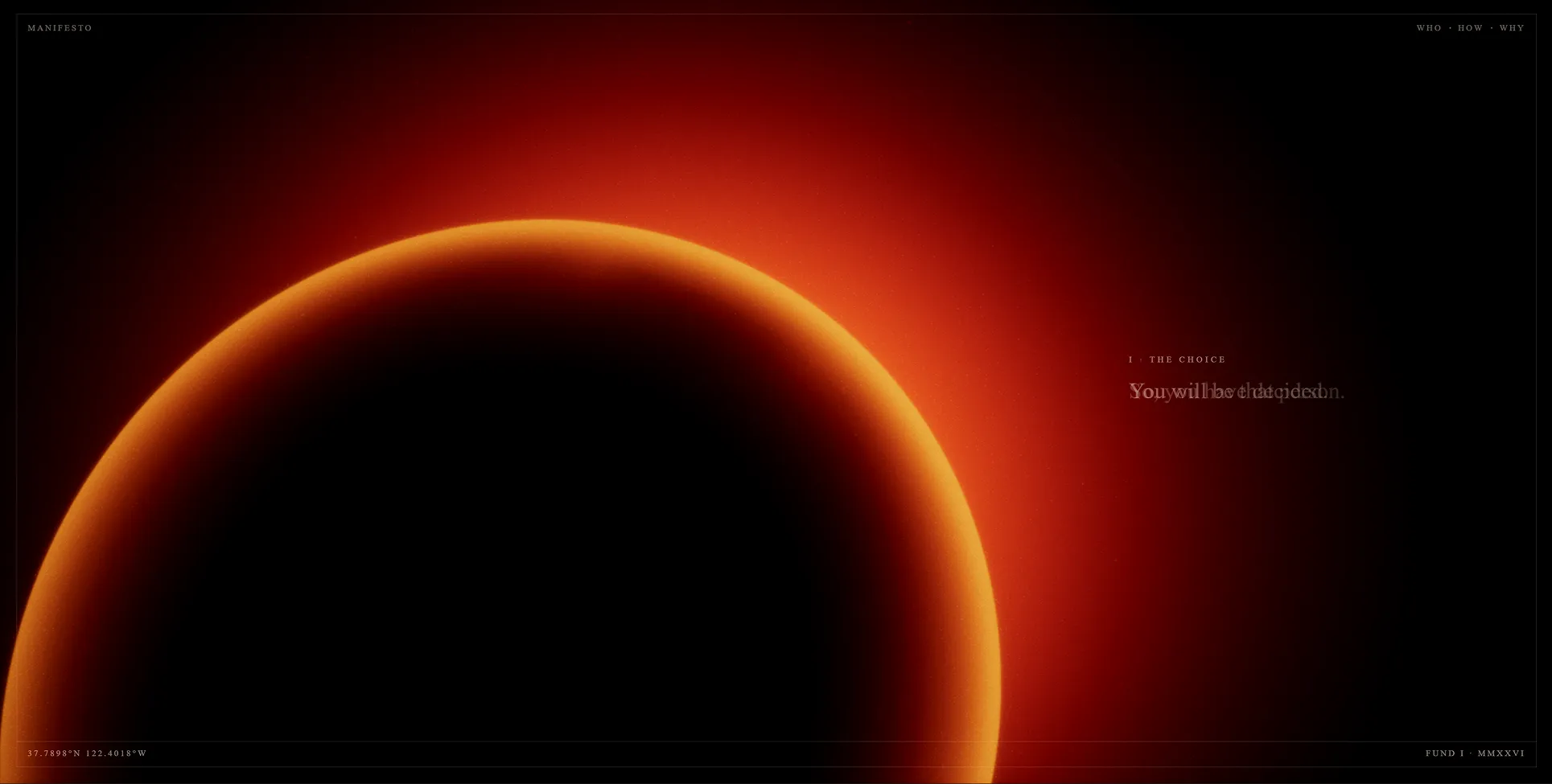 CHAOTICA manifesto homepage with an eclipsed orange celestial form