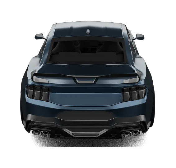 Metallic blue Ford Mustang rendered from the rear