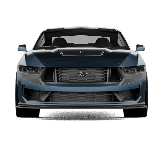 Metallic blue Ford Mustang rendered from the front