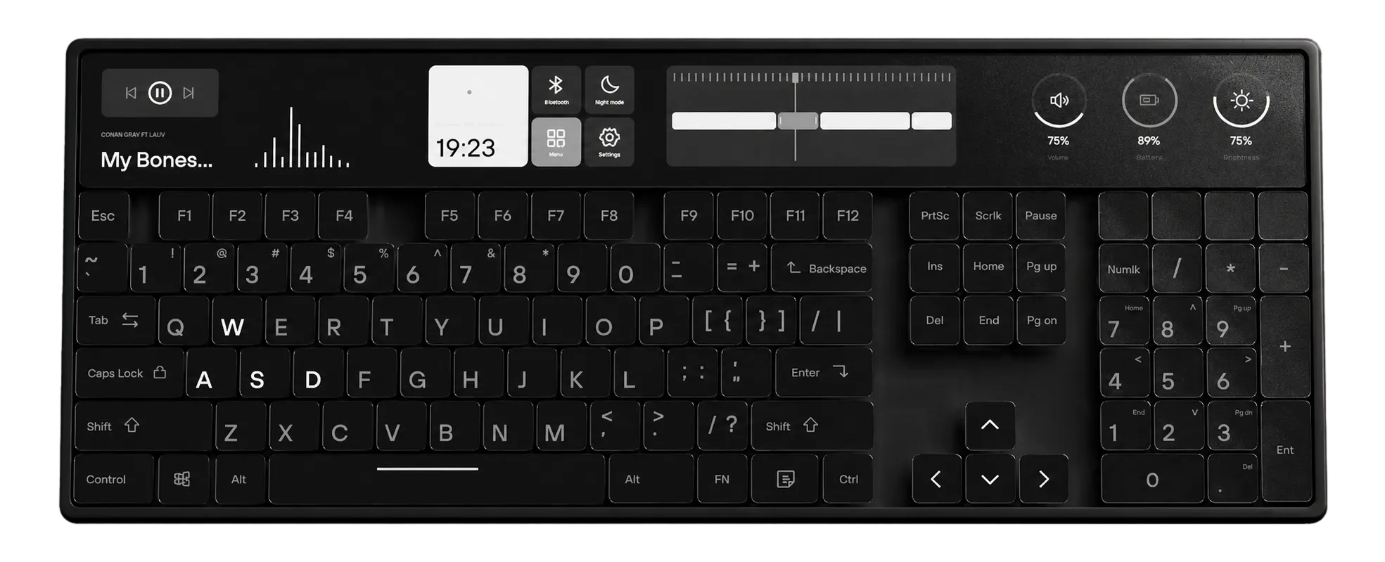Minimal black user-interface keyboard rendered from the front