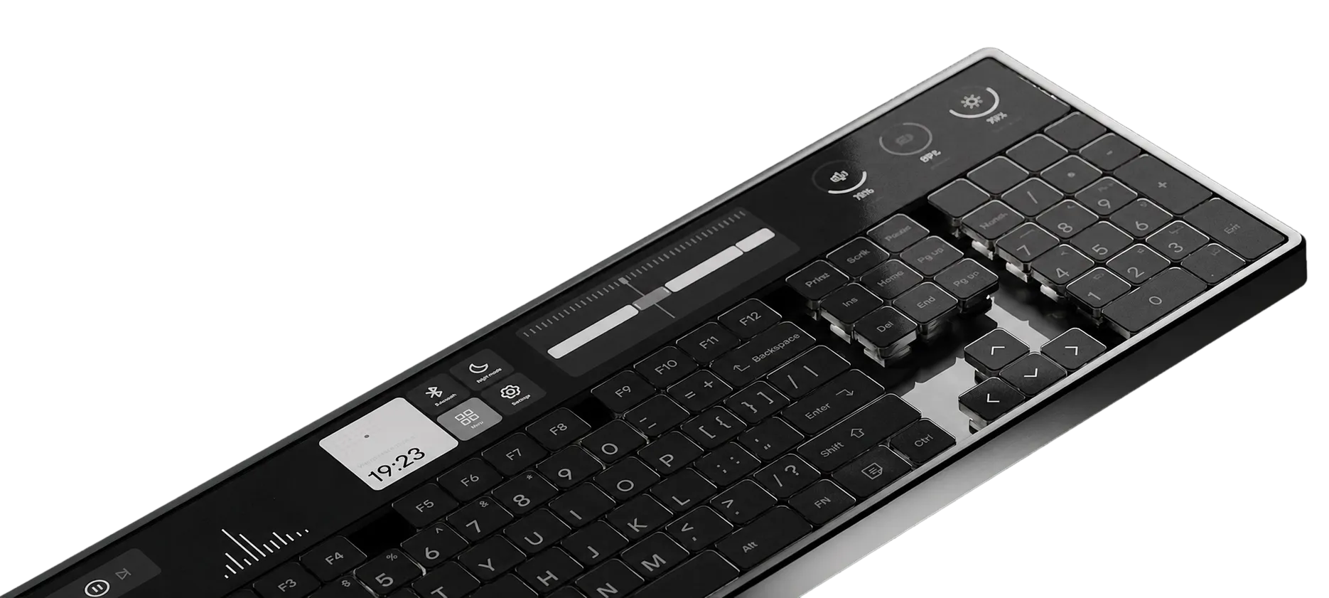 Minimal black user-interface keyboard rendered from an elevated angle
