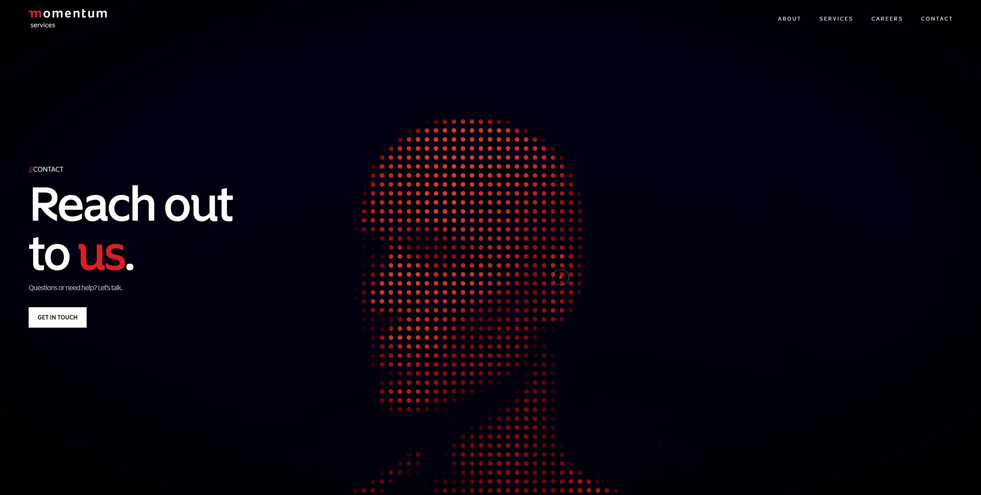 Momentum contact section with the message Reach out to us beside a red dotted portrait
