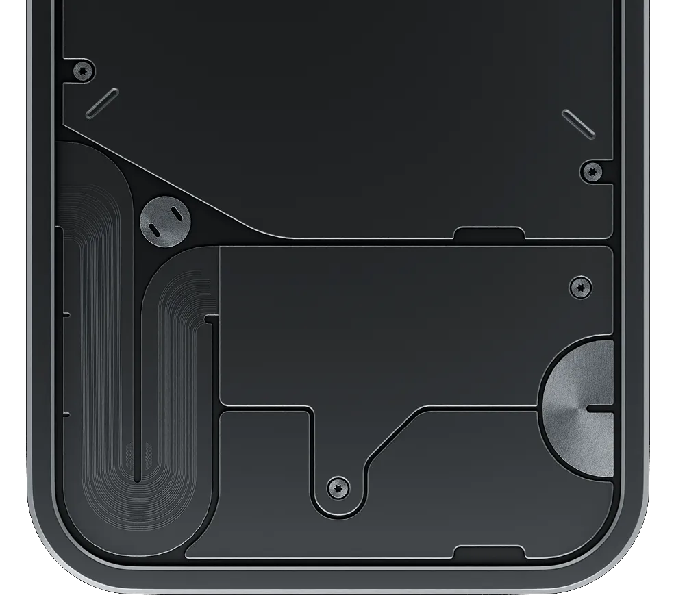 Close-up render of the Nothing Phone concept lower rear housing and circular battery cover
