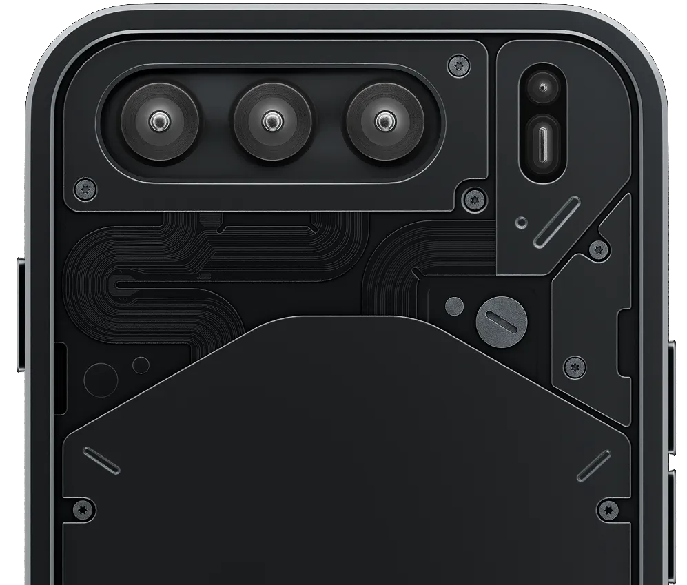 Close-up render of the Nothing Phone concept rear camera assembly and internal paneling