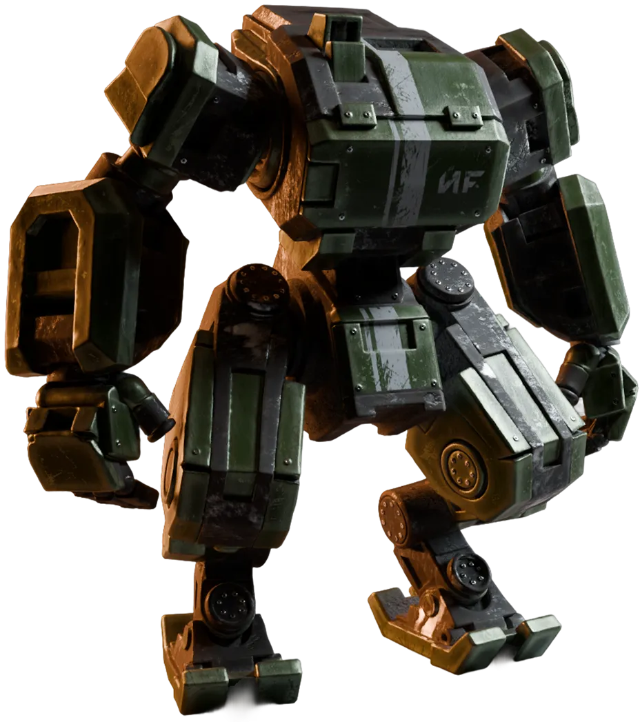 Finished green crouched mech model with weathered armour