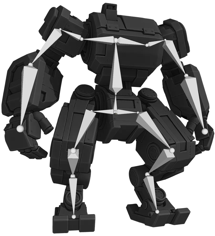 Crouched mech model showing its character rig controls