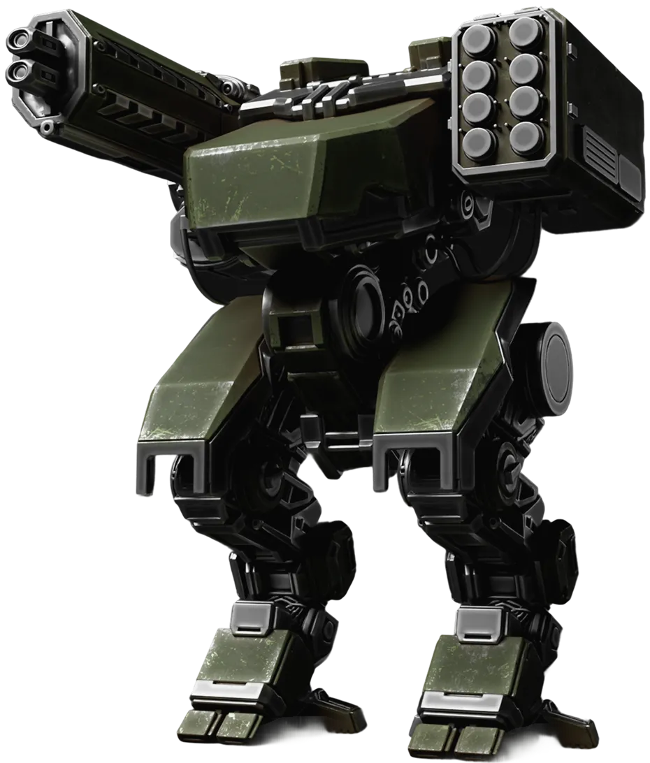 Finished green weapon mech model with a cannon and missile rack