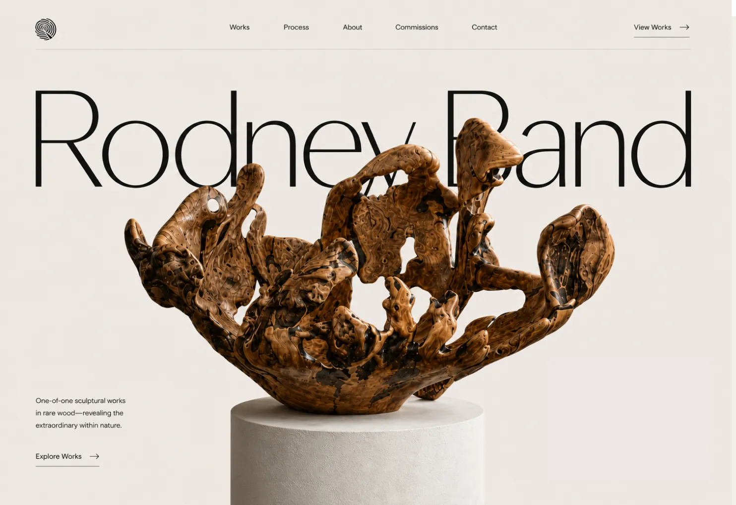 Rodney Band sculptural portfolio homepage featuring a rare-wood artwork