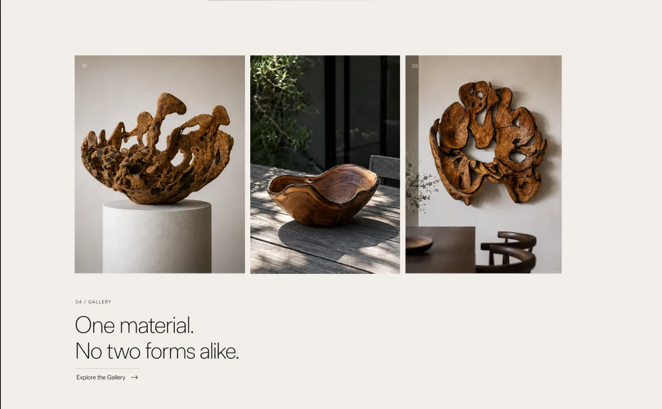 Rodney Band gallery presenting three distinctive rare-wood forms