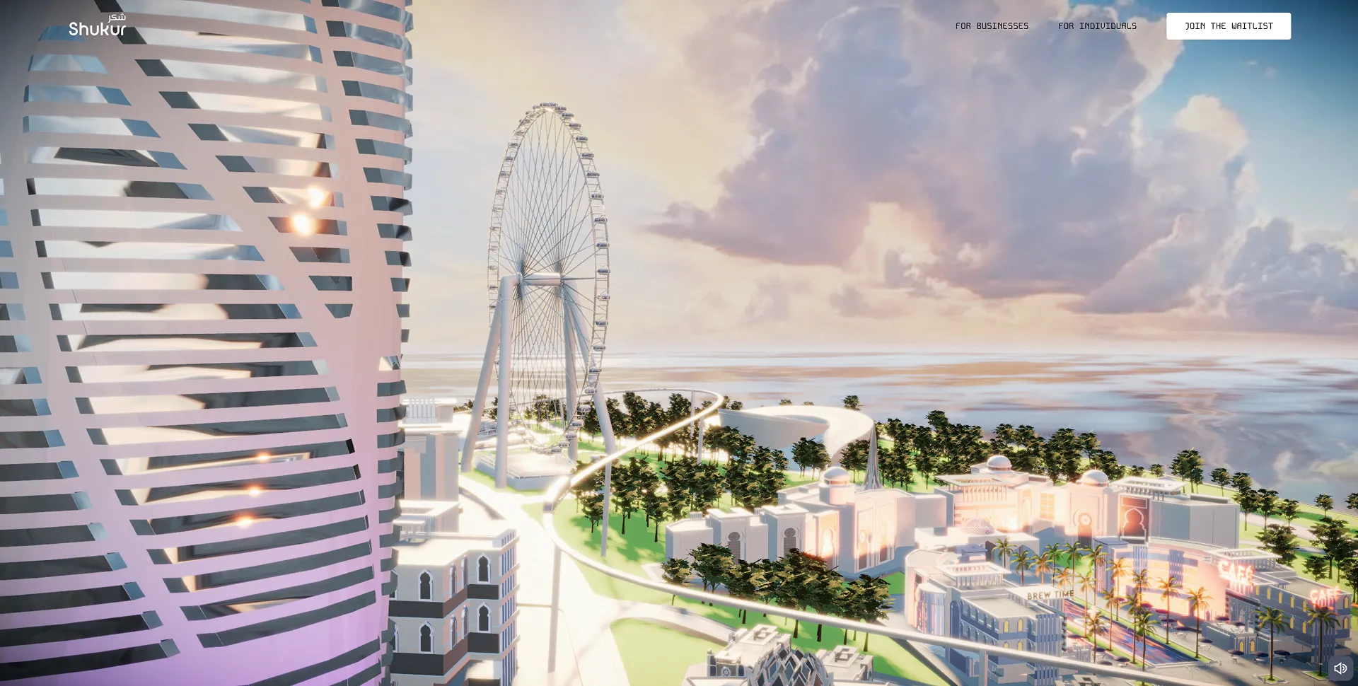 Shukur city district with a waterfront observation wheel at sunset