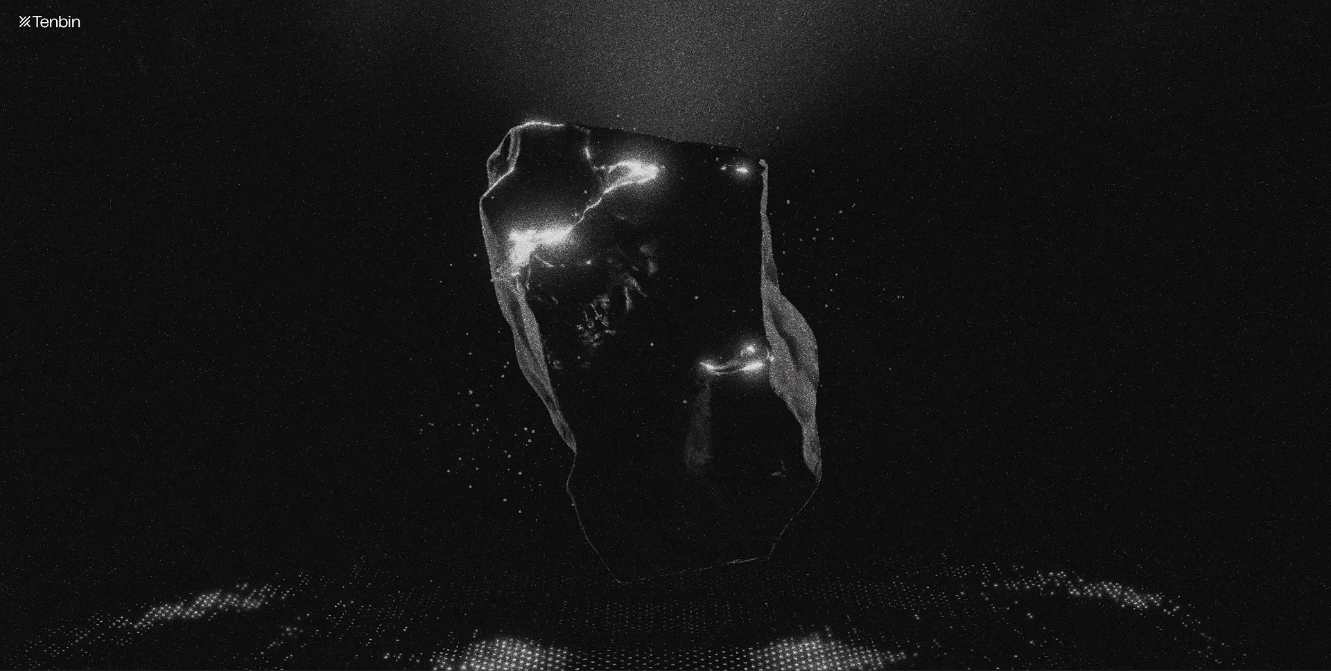 Tenbin monochrome product object floating above a granular digital terrain